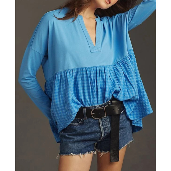 Anthropologie Pilcro Tops - Anthropologie Pilcro Long-Sleeve Y2K preppy Babydoll Blouse top Blue 1X A004779